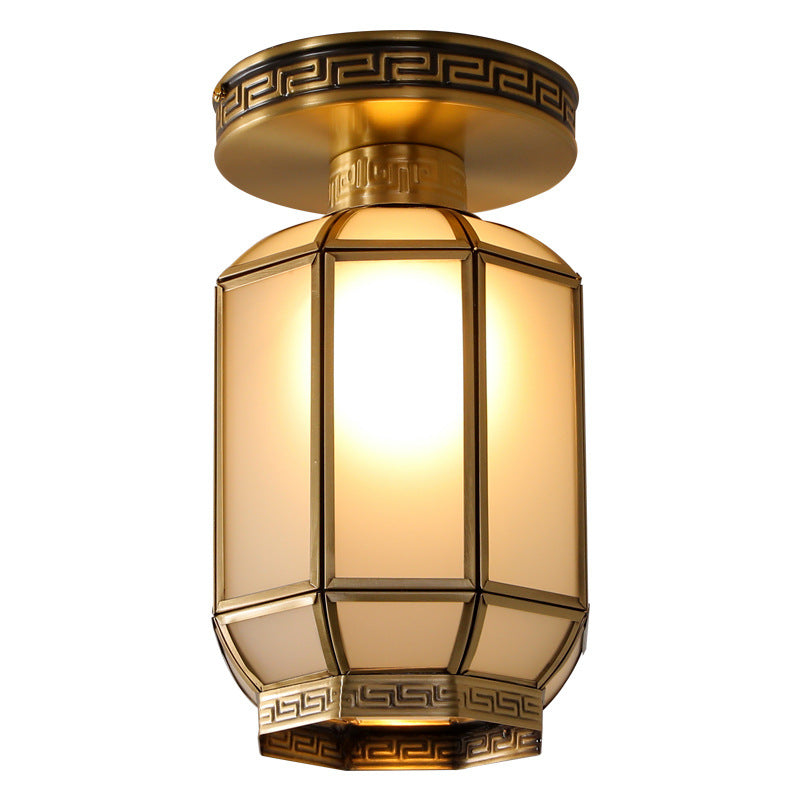 Traditional Chinese Cylinder Round Glass Copper 1-Light Semi-Flush Mount Ceiling Light For Living Room