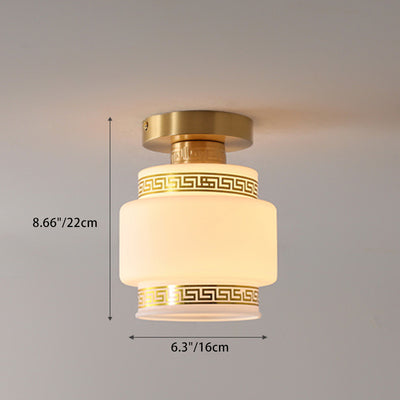 Traditional Chinese Cylinder Round Glass Copper 1-Light Semi-Flush Mount Ceiling Light For Living Room