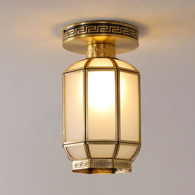 Traditional Chinese Cylinder Round Glass Copper 1-Light Semi-Flush Mount Ceiling Light For Living Room