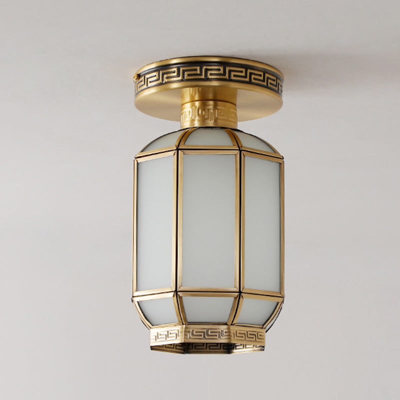 Traditional Chinese Cylinder Round Glass Copper 1-Light Semi-Flush Mount Ceiling Light For Living Room