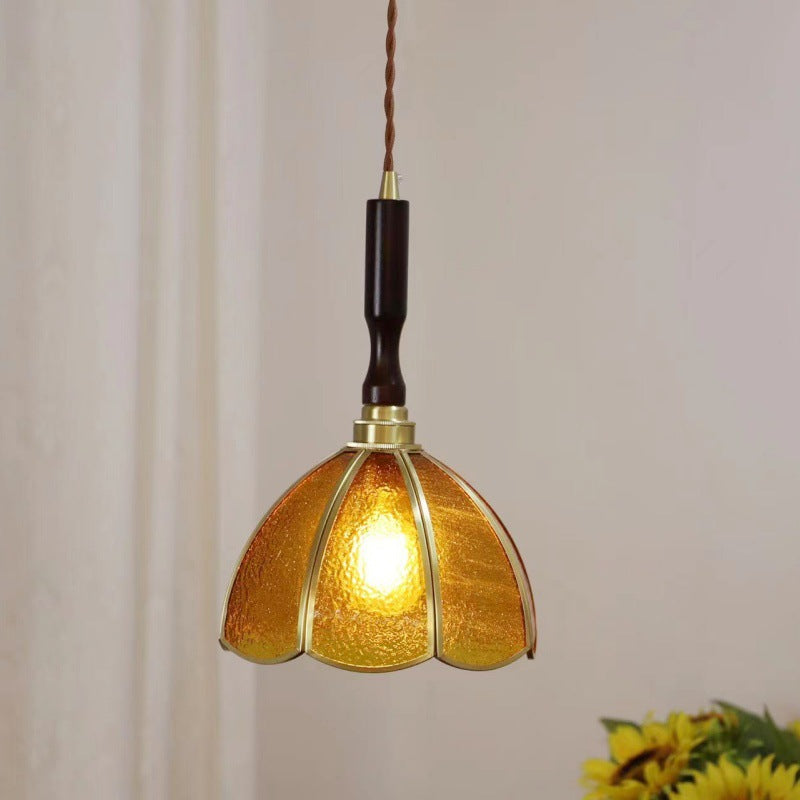 Traditional Tiffany Tapered Round Glass Copper 1-Light Pendant Light For Bedroom