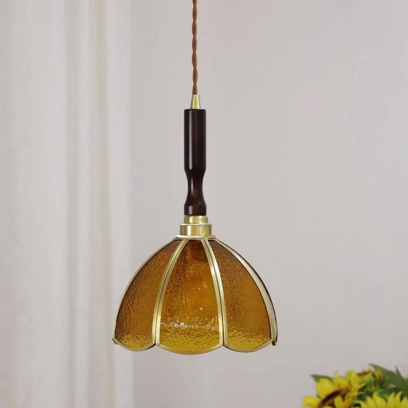 Traditional Tiffany Tapered Round Glass Copper 1-Light Pendant Light For Bedroom