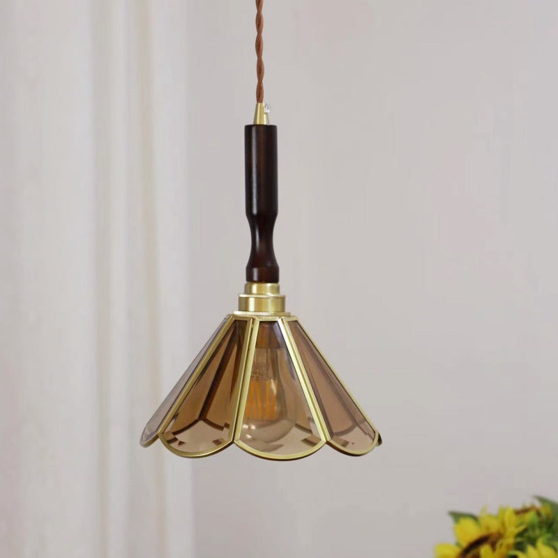 Traditional Tiffany Tapered Round Glass Copper 1-Light Pendant Light For Bedroom