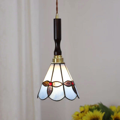 Traditional Tiffany Tapered Round Glass Copper 1-Light Pendant Light For Bedroom