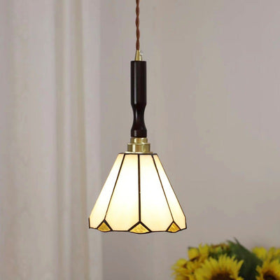 Traditional Tiffany Tapered Round Glass Copper 1-Light Pendant Light For Bedroom