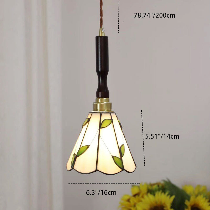 Traditional Tiffany Tapered Round Glass Copper 1-Light Pendant Light For Bedroom