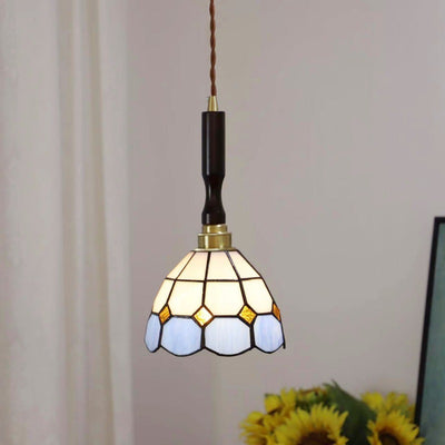 Traditional Tiffany Tapered Round Glass Copper 1-Light Pendant Light For Bedroom