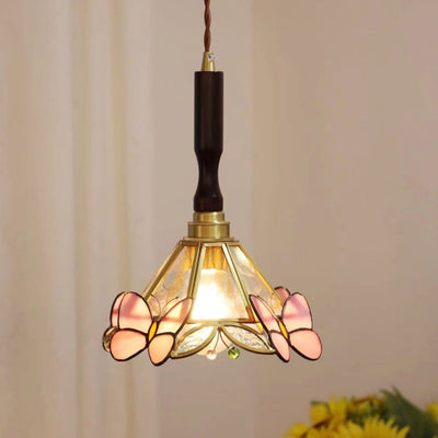 Traditional Tiffany Tapered Round Glass Copper 1-Light Pendant Light For Bedroom