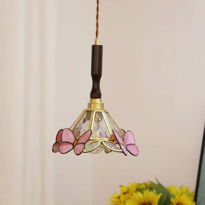 Traditional Tiffany Tapered Round Glass Copper 1-Light Pendant Light For Bedroom