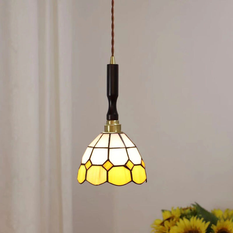 Traditional Tiffany Tapered Round Glass Copper 1-Light Pendant Light For Bedroom