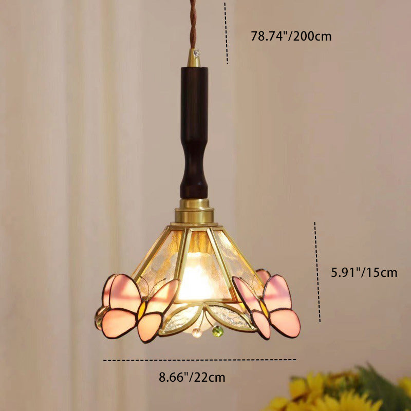 Traditional Tiffany Tapered Round Glass Copper 1-Light Pendant Light For Bedroom