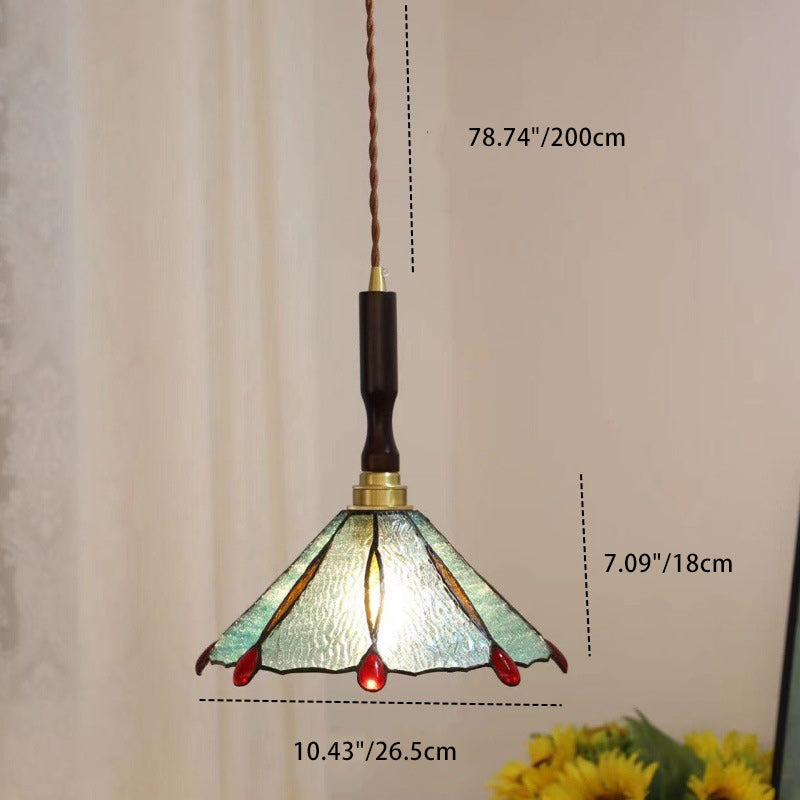 Traditional Tiffany Tapered Round Glass Copper 1-Light Pendant Light For Bedroom