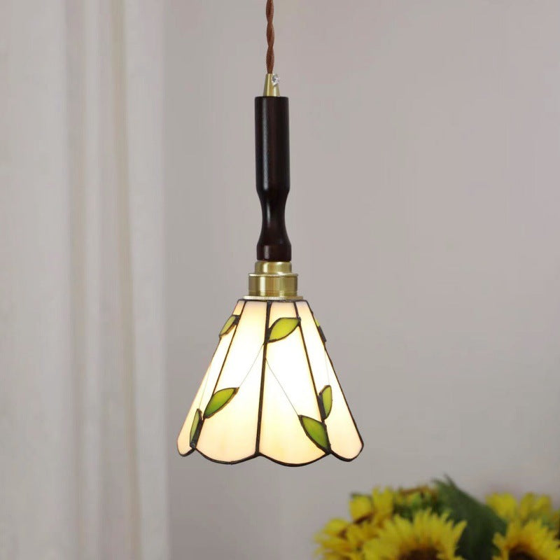 Traditional Tiffany Tapered Round Glass Copper 1-Light Pendant Light For Bedroom