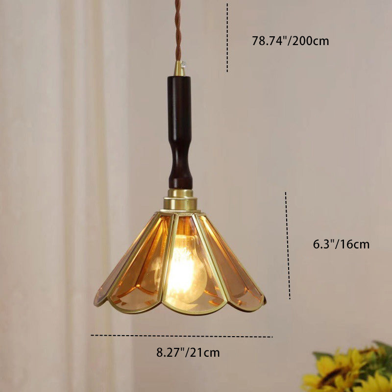 Traditional Tiffany Tapered Round Glass Copper 1-Light Pendant Light For Bedroom