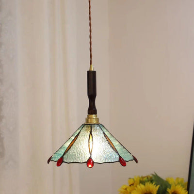 Traditional Tiffany Tapered Round Glass Copper 1-Light Pendant Light For Bedroom