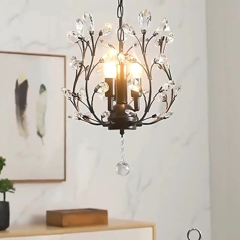 Contemporary Scandinavian Branch Leaf Glass Crystal Iron 3-Light Chandeliers For Living Room