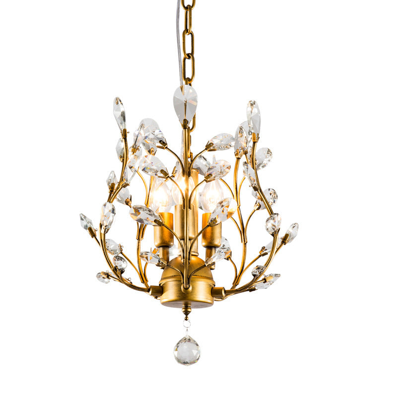 Contemporary Scandinavian Branch Leaf Glass Crystal Iron 3-Light Chandeliers For Living Room