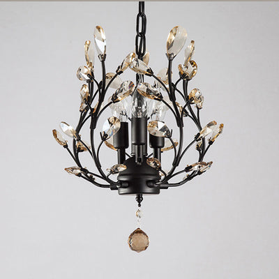 Contemporary Scandinavian Branch Leaf Glass Crystal Iron 3-Light Chandeliers For Living Room