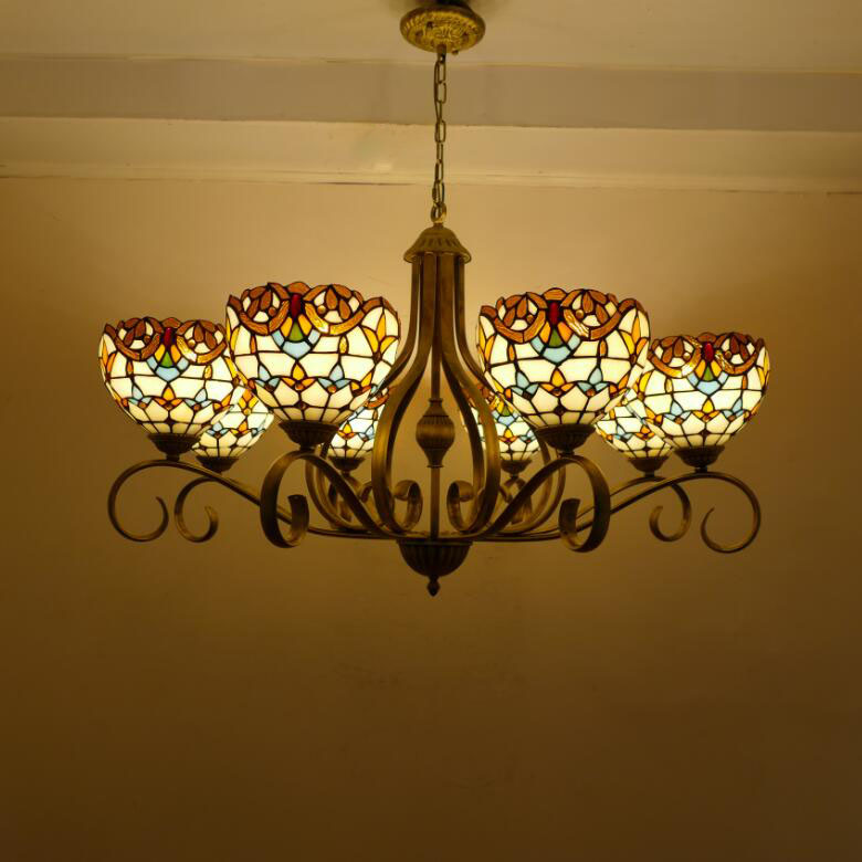 Traditional Tiffany Branch Half Round Glass Iron 3/6/8 Light Chandeliers For Living Room