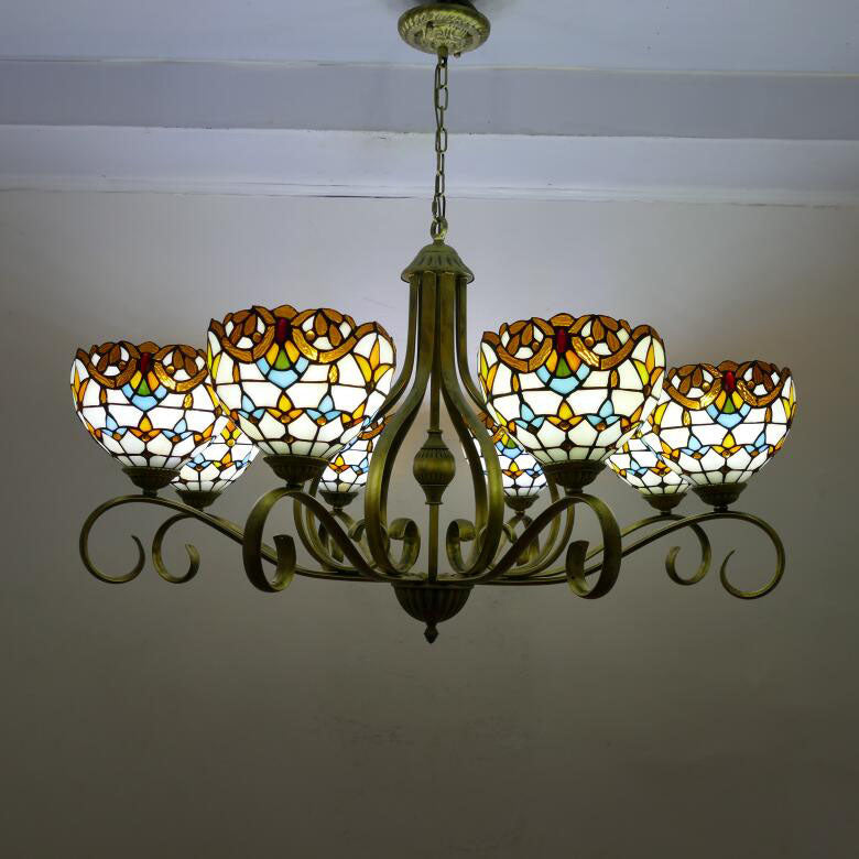 Traditional Tiffany Branch Half Round Glass Iron 3/6/8 Light Chandeliers For Living Room