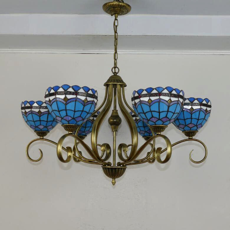 Traditional Tiffany Branch Half Round Glass Iron 3/6/8 Light Chandeliers For Living Room