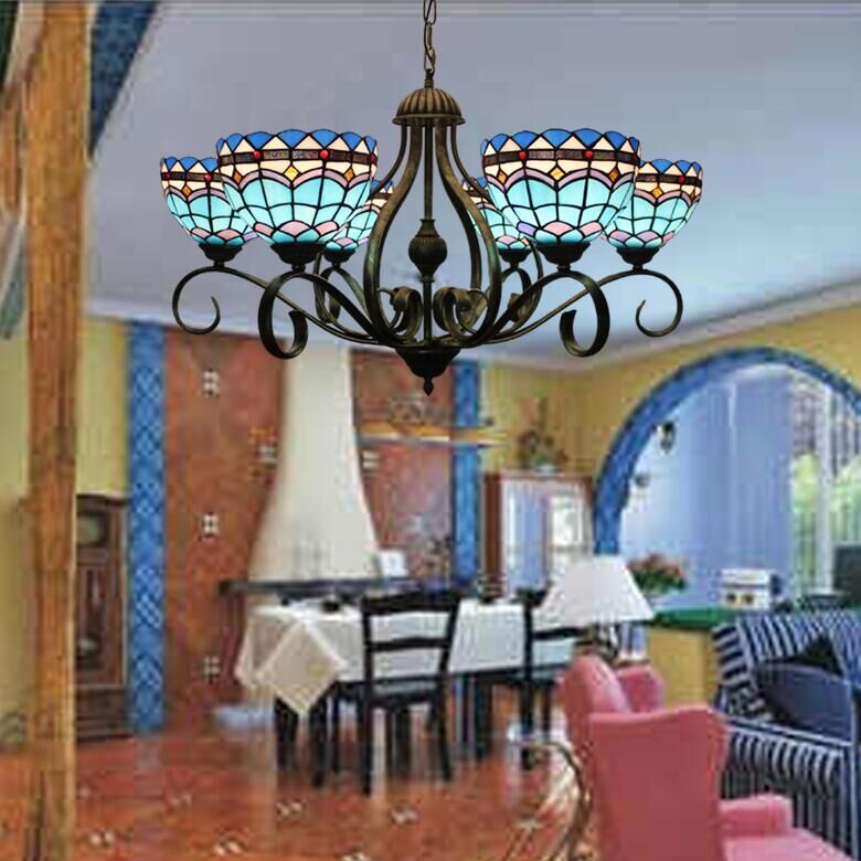 Traditional Tiffany Branch Half Round Glass Iron 3/6/8 Light Chandeliers For Living Room