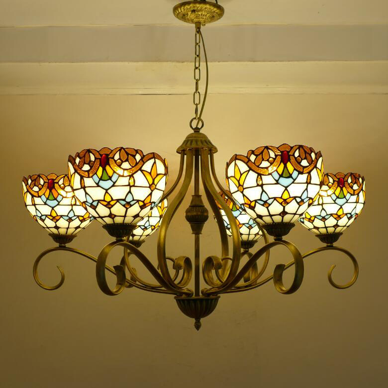 Traditional Tiffany Branch Half Round Glass Iron 3/6/8 Light Chandeliers For Living Room