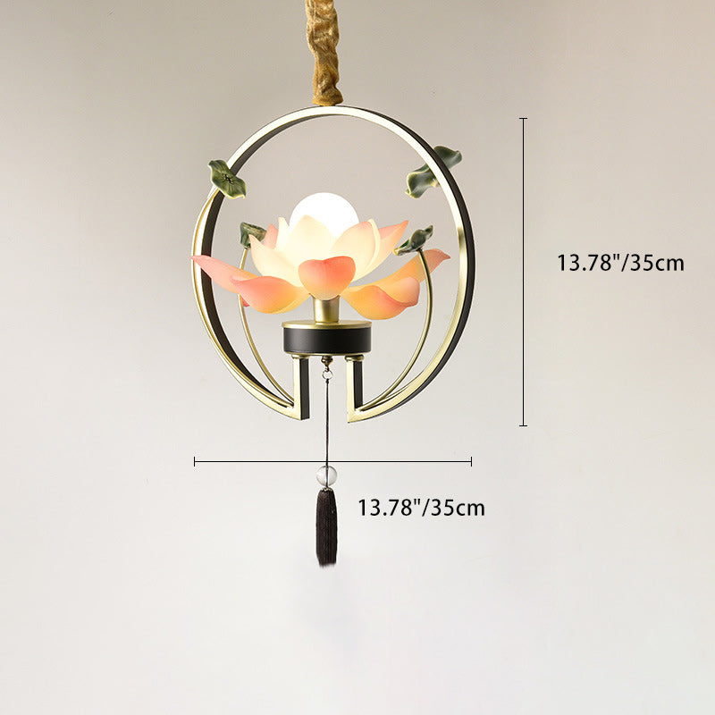 Traditional Chinese Lotus Tassel Round Resin Ceramic Iron 1-Light Pendant Light For Bedroom