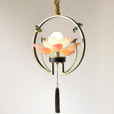 Traditional Chinese Lotus Tassel Round Resin Ceramic Iron 1-Light Pendant Light For Bedroom