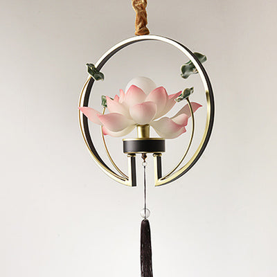 Traditional Chinese Lotus Tassel Round Resin Ceramic Iron 1-Light Pendant Light For Bedroom