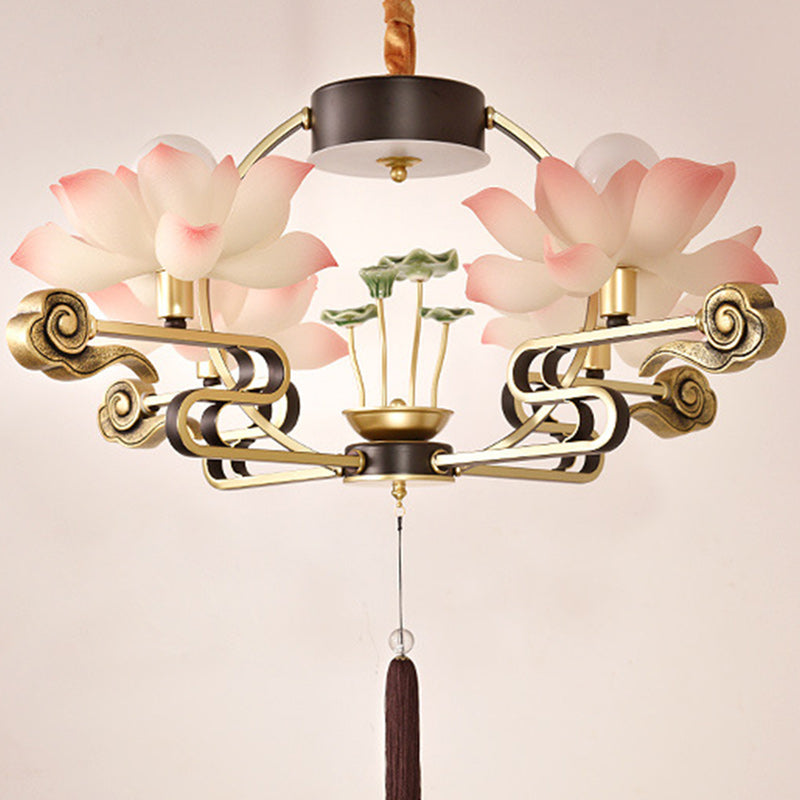 Traditional Chinese Lotus Leaf Round Branch Resin Ceramic Iron 2/4/6/8 Light Chandeliers For Living Room