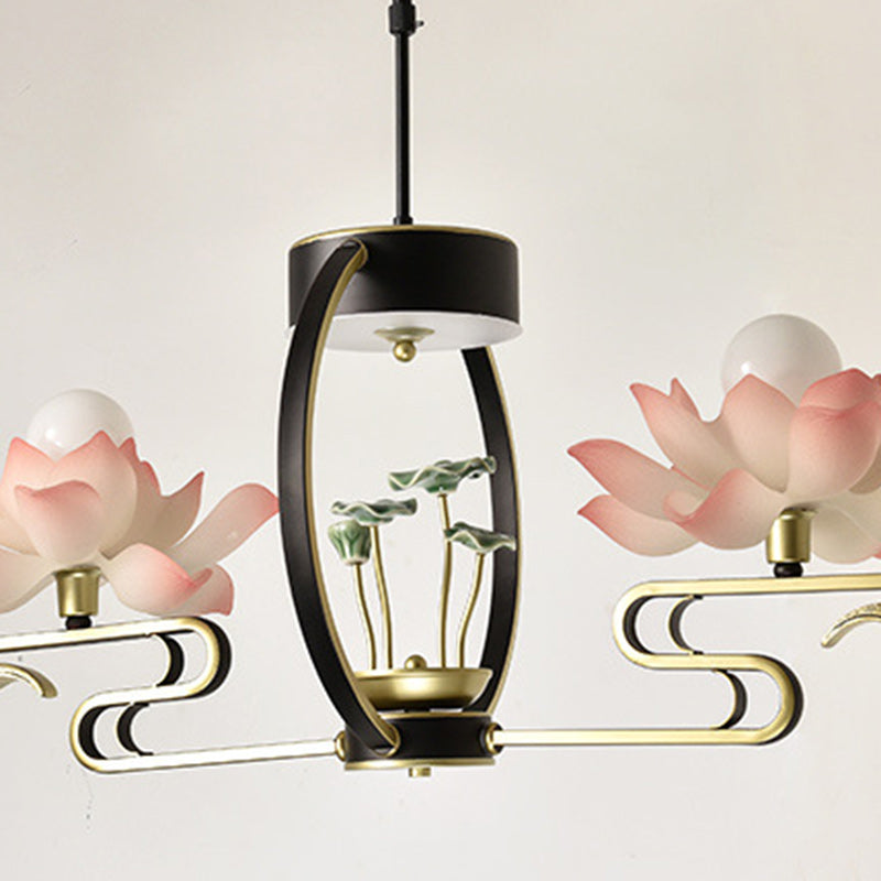 Traditional Chinese Lotus Leaf Round Branch Resin Ceramic Iron 2/4/6/8 Light Chandeliers For Living Room