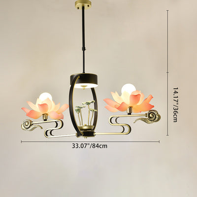 Traditional Chinese Lotus Leaf Round Branch Resin Ceramic Iron 2/4/6/8 Light Chandeliers For Living Room