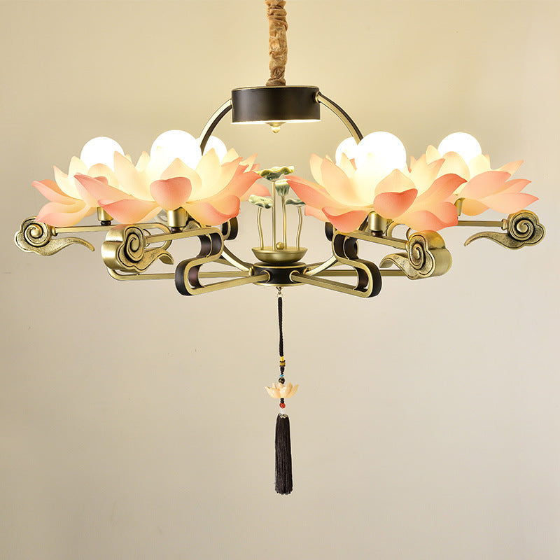 Traditional Chinese Lotus Leaf Round Branch Resin Ceramic Iron 2/4/6/8 Light Chandeliers For Living Room