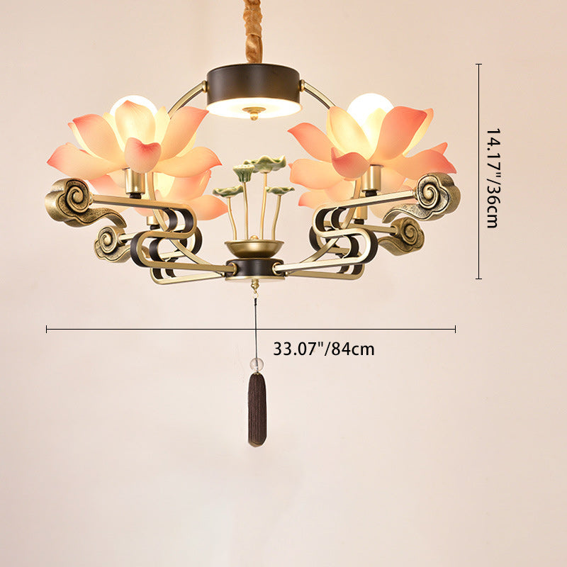 Traditional Chinese Lotus Leaf Round Branch Resin Ceramic Iron 2/4/6/8 Light Chandeliers For Living Room