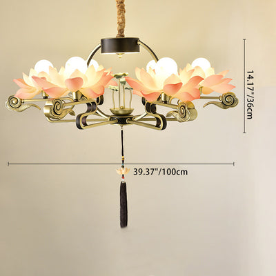 Traditional Chinese Lotus Leaf Round Branch Resin Ceramic Iron 2/4/6/8 Light Chandeliers For Living Room