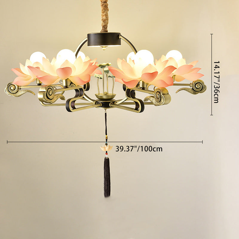 Traditional Chinese Lotus Leaf Round Branch Resin Ceramic Iron 2/4/6/8 Light Chandeliers For Living Room