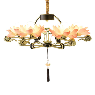 Traditional Chinese Lotus Leaf Round Branch Resin Ceramic Iron 2/4/6/8 Light Chandeliers For Living Room