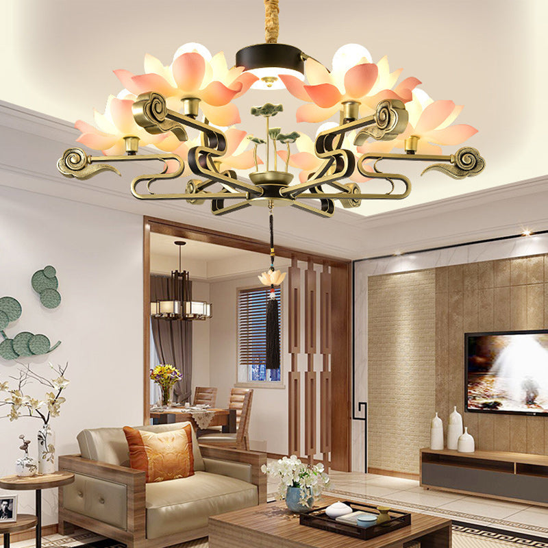 Traditional Chinese Lotus Leaf Round Branch Resin Ceramic Iron 2/4/6/8 Light Chandeliers For Living Room