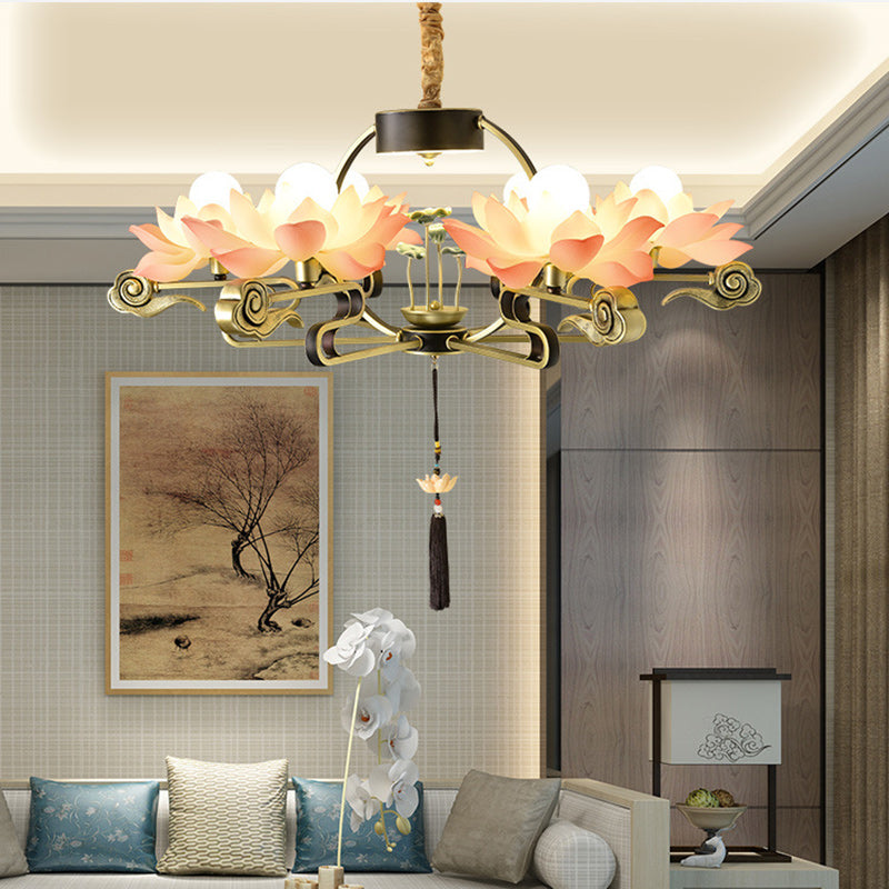 Traditional Chinese Lotus Leaf Round Branch Resin Ceramic Iron 2/4/6/8 Light Chandeliers For Living Room