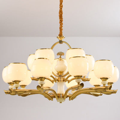 Traditional Chinese Round Branch Glass Stone Jade Copper 6/8/10/15 Light Chandeliers For Living Room