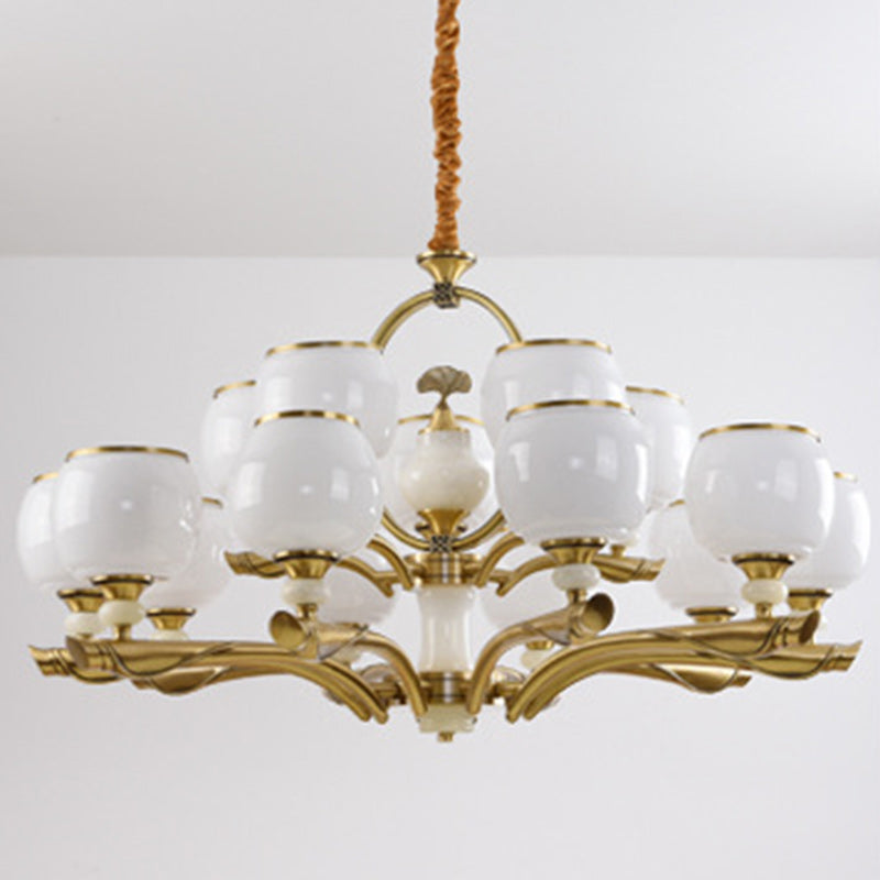 Traditional Chinese Round Branch Glass Stone Jade Copper 6/8/10/15 Light Chandeliers For Living Room