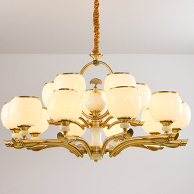 Traditional Chinese Round Branch Glass Stone Jade Copper 6/8/10/15 Light Chandeliers For Living Room