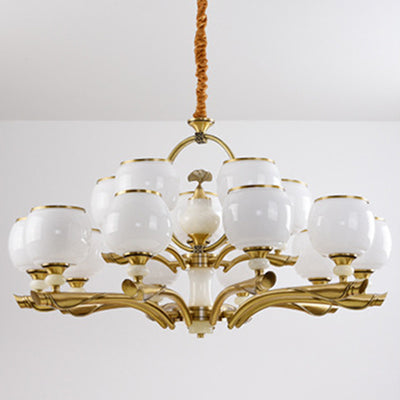 Traditional Chinese Round Branch Glass Stone Jade Copper 6/8/10/15 Light Chandeliers For Living Room