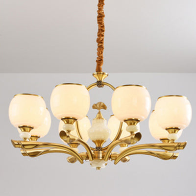 Traditional Chinese Round Branch Glass Stone Jade Copper 6/8/10/15 Light Chandeliers For Living Room