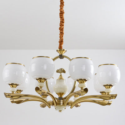 Traditional Chinese Round Branch Glass Stone Jade Copper 6/8/10/15 Light Chandeliers For Living Room