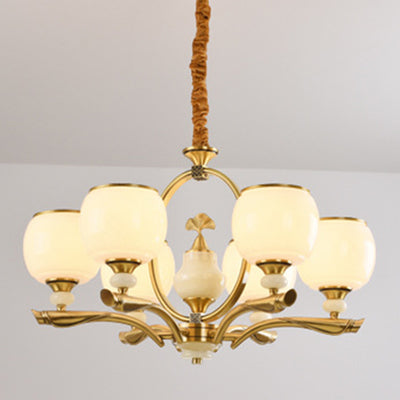 Traditional Chinese Round Branch Glass Stone Jade Copper 6/8/10/15 Light Chandeliers For Living Room