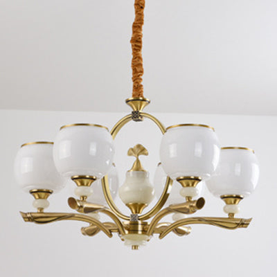 Traditional Chinese Round Branch Glass Stone Jade Copper 6/8/10/15 Light Chandeliers For Living Room