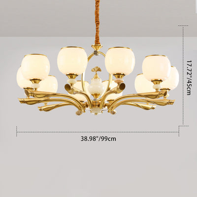 Traditional Chinese Round Branch Glass Stone Jade Copper 6/8/10/15 Light Chandeliers For Living Room