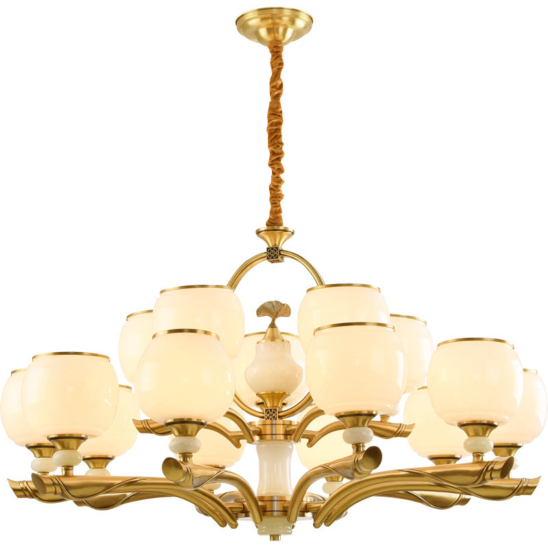 Traditional Chinese Round Branch Glass Stone Jade Copper 6/8/10/15 Light Chandeliers For Living Room